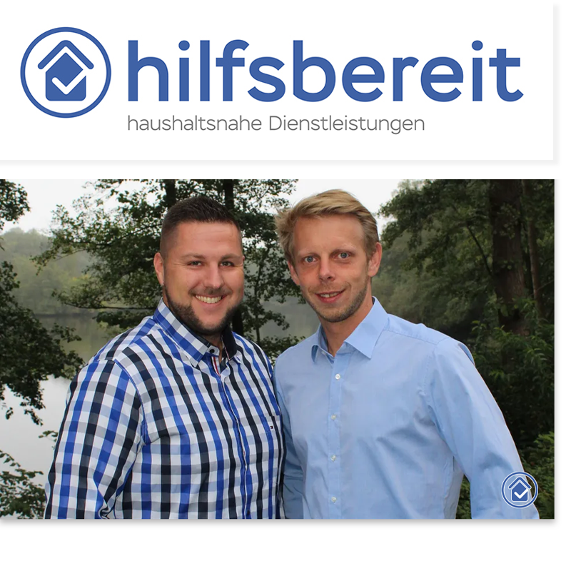 Logo for hilfsbereit haushaltsnahe Dienstleistungen above; two men posing outdoors by a lake, smiling, with trees in the background.