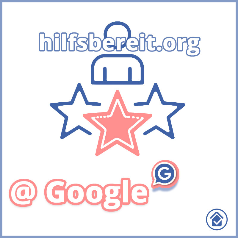 Hilfsbereit.org logo with three stars and the Google rating badge, framed by a blue border.